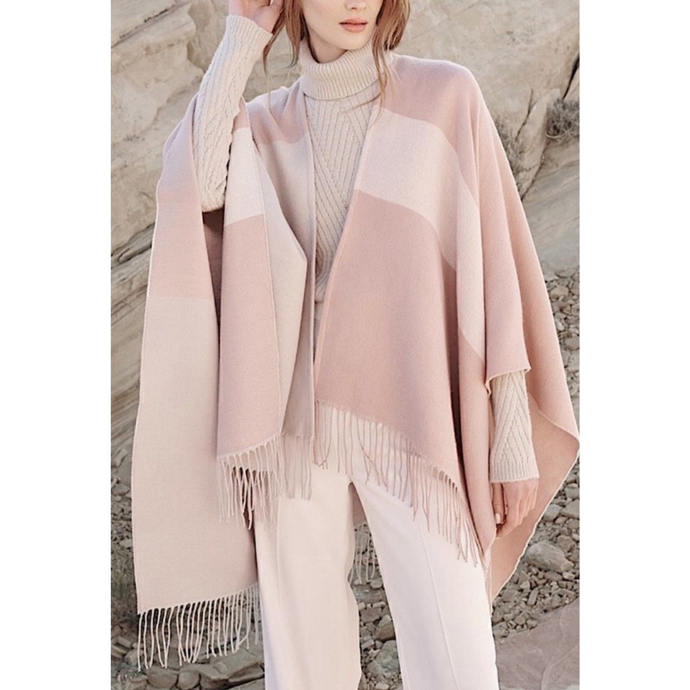 Soia & Kyo Woven Scarfigan Wrap Shawl Poncho One Size Ivory Mauve Fringe Cozy